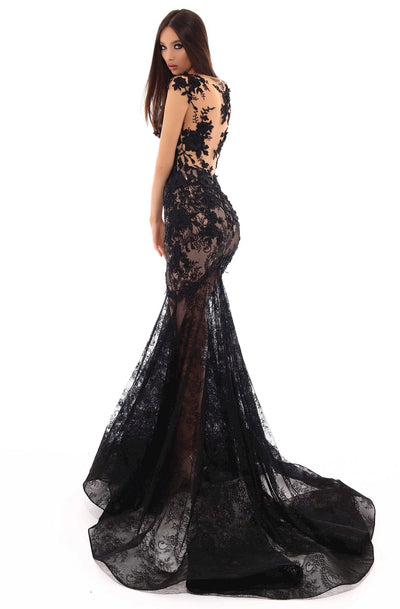Tarik Ediz - 93602 Floral Embroidered Mermaid Dress With Train In Black