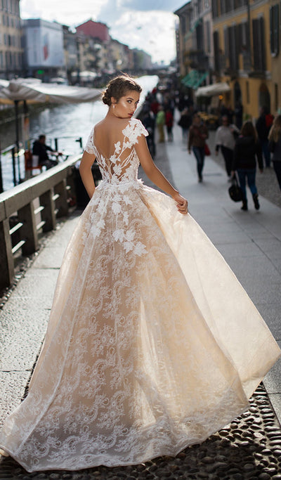 Tarik Ediz - 93627 Lace Embroidered Dress With Detachable Train In White