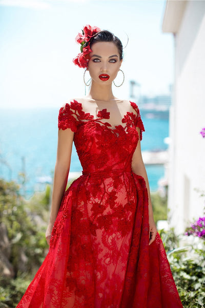 Tarik Ediz - 93627 Lace Embroidered Dress With Detachable Train In Red