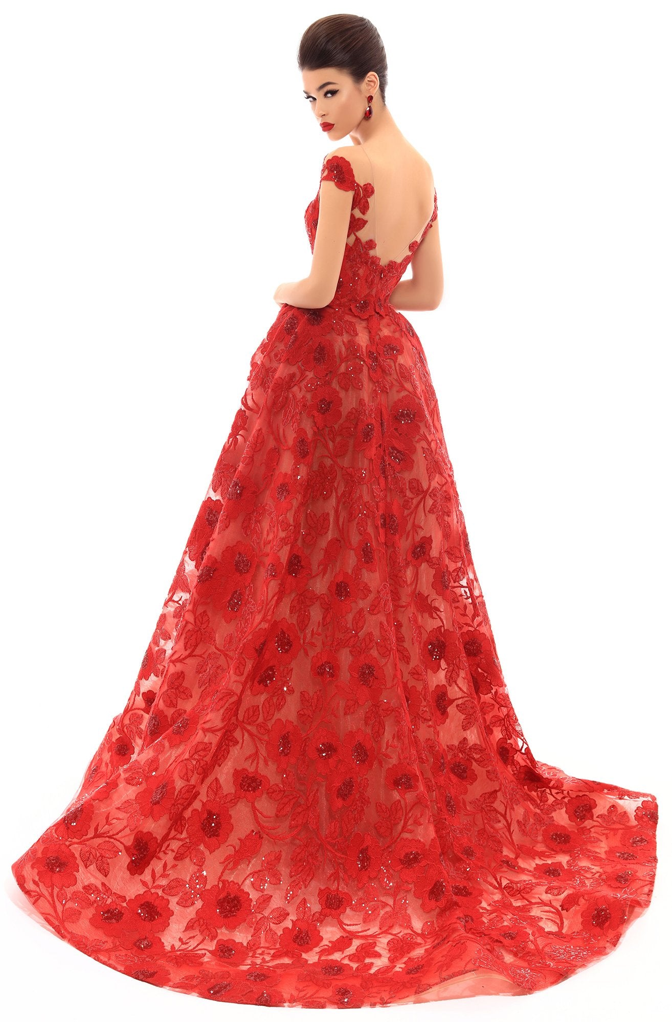 Tarik Ediz - 93673SC Sequined Floral Lace Overskirt Gown