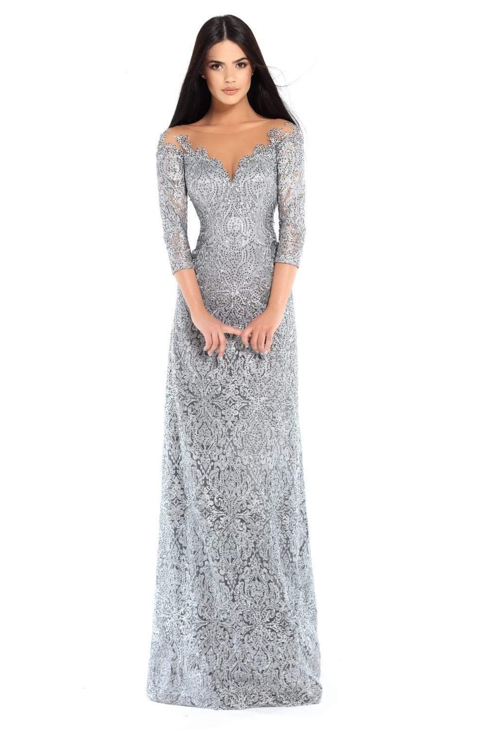 Tarik Ediz - 93677 Illusion Quarter Sleeve Jewel Adorned Sheath Gown In Silver