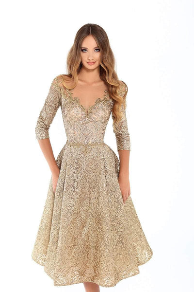 Tarik Ediz - 93684 Embellished Lace Tea Length A-line Dress In Gold