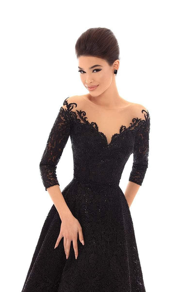 Tarik Ediz - 93684 Embellished Lace Tea Length A-line Dress In Black