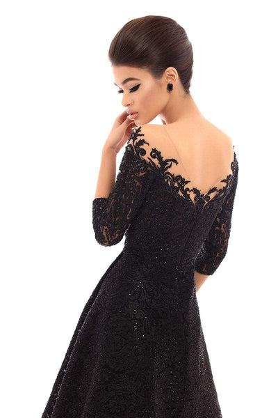 Tarik Ediz - 93684 Embellished Lace Tea Length A-line Dress In Black