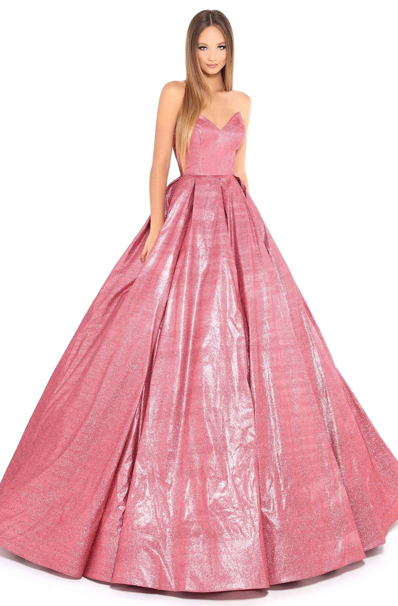 Tarik Ediz - 93711 Strapless V-neck Pleated Ballgown Ball Gowns 2 / Pink