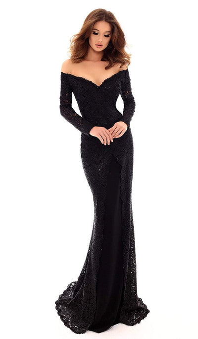 Tarik Ediz - 93718 Off-Shoulder Trumpet Dress With Second Lace Layer In Black