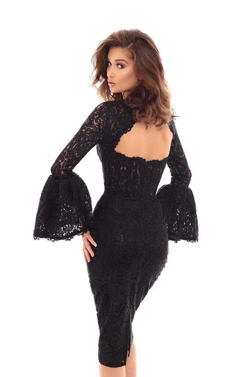 Tarik Ediz - 93723 Flounce-Cuffed Long Sleeve Jeweled Lace Dress In Black