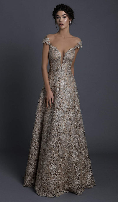 Tarik Ediz - 93739 Floral Lace Illusion Neck A-line Dress In Gold