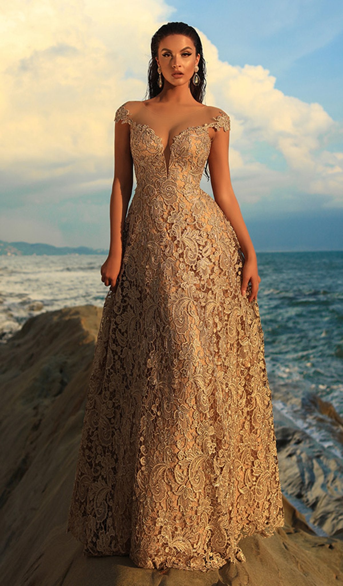 Tarik Ediz - 93739 Floral Lace Illusion Neck A-line Dress In Gold