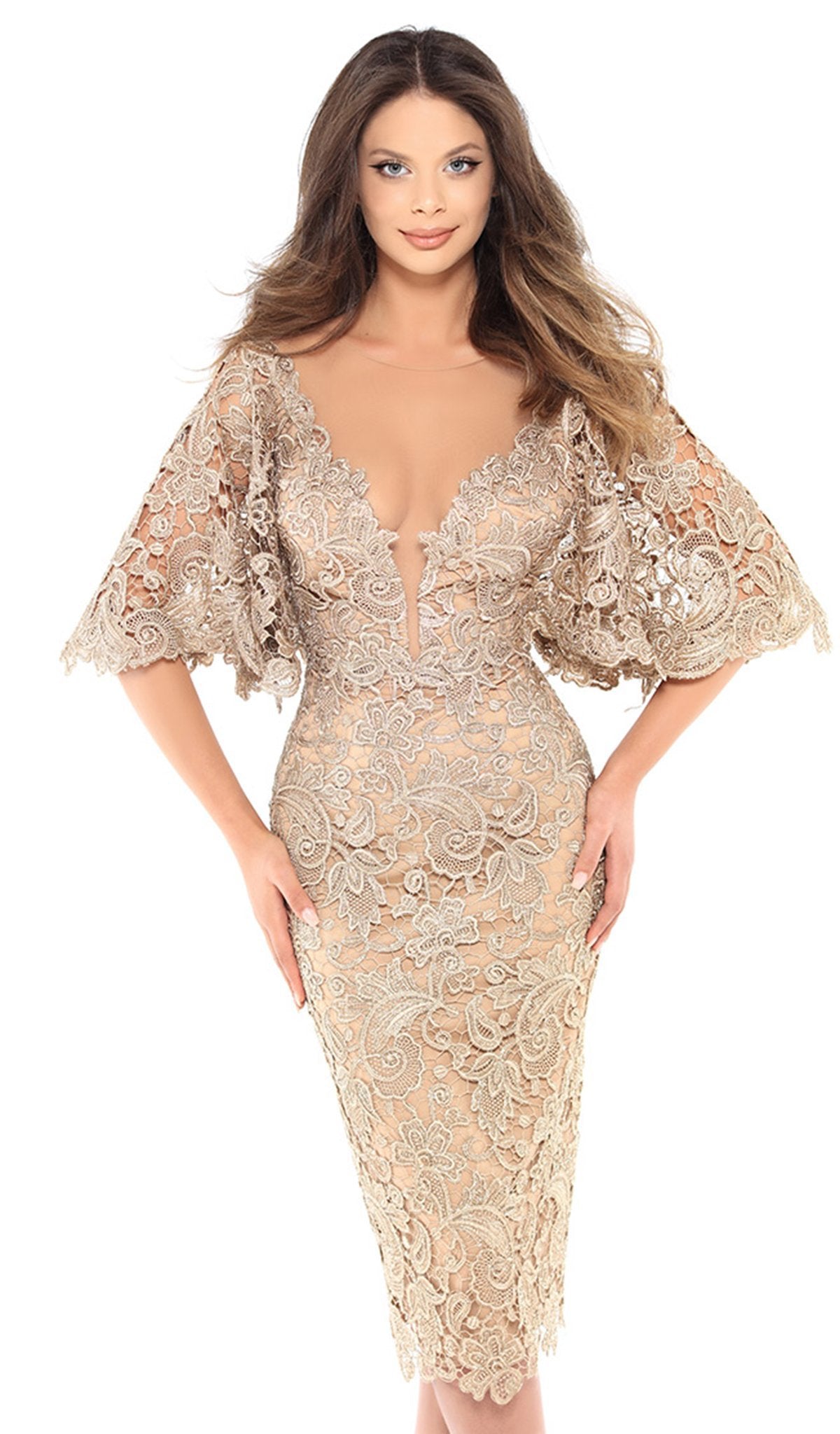 Tarik Ediz - 93740 Floral Lace Bat Sleeve Sheath Dress In Gold