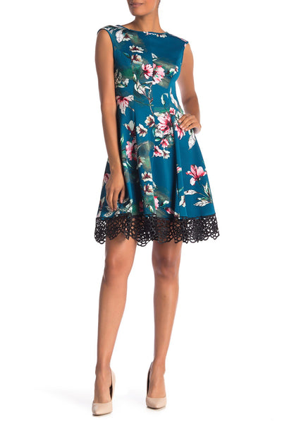 Donna Ricco - DR50916 Floral Printed Bateau Scuba A-line Dress In Green and Multi-Color