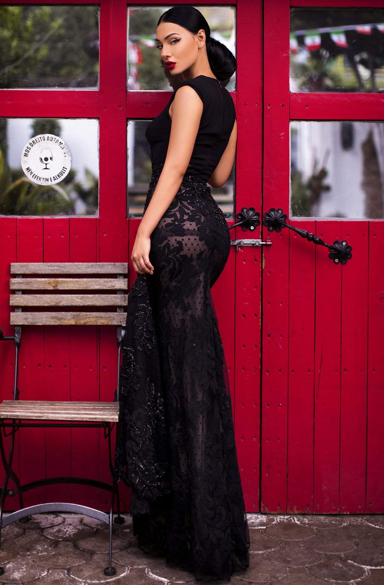 Tarik Ediz - 93821 Plunging V Neck Lace with Cape Sleeves Evening Dresses