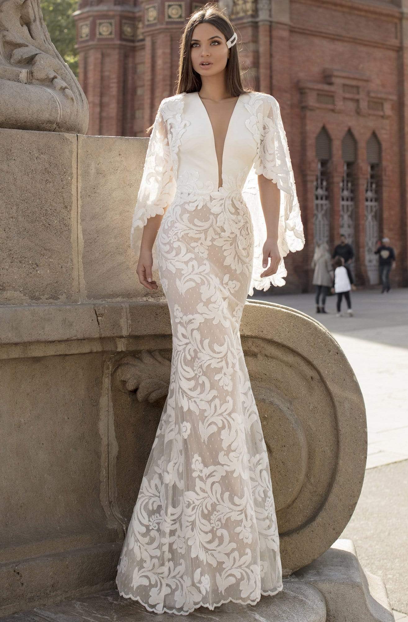 Tarik Ediz - 93821 Plunging V Neck Lace with Cape Sleeves Evening Dresses 0 / Ivory