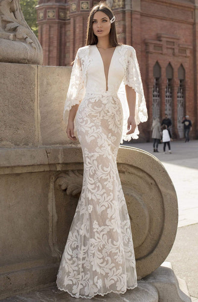 Tarik Ediz - 93821 Plunging V Neck Lace with Cape Sleeves Evening Dresses 0 / Ivory