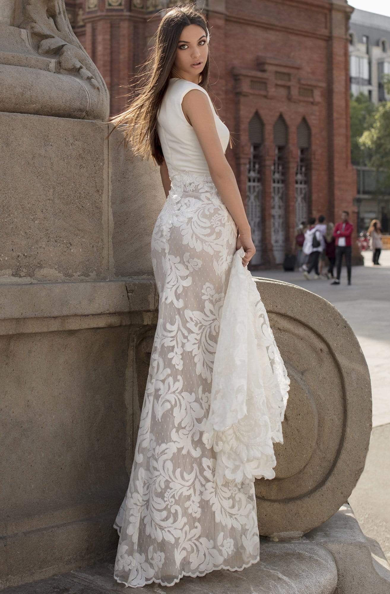 Tarik Ediz - 93821 Plunging V Neck Lace with Cape Sleeves Evening Dresses