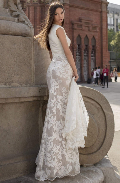 Tarik Ediz - 93821 Plunging V Neck Lace with Cape Sleeves Evening Dresses