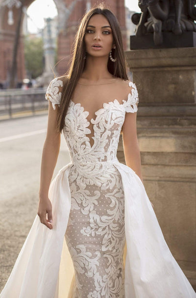 Tarik Ediz - 93822 Embellished Sheath Dress With Overskirt In White