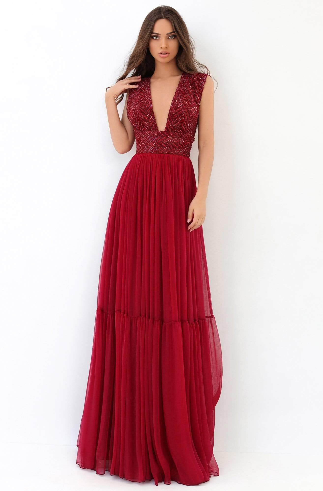 Tarik Ediz - 93866 Strappy Bead Embellished A-Line Dress Evening Dresses 0 / Red