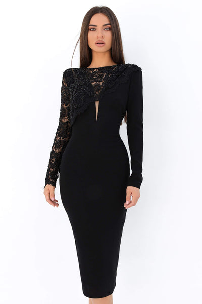 Tarik Ediz - 93870 Beaded Lace Long Sleeve Fitted Dress Party Dresses 0 / Black