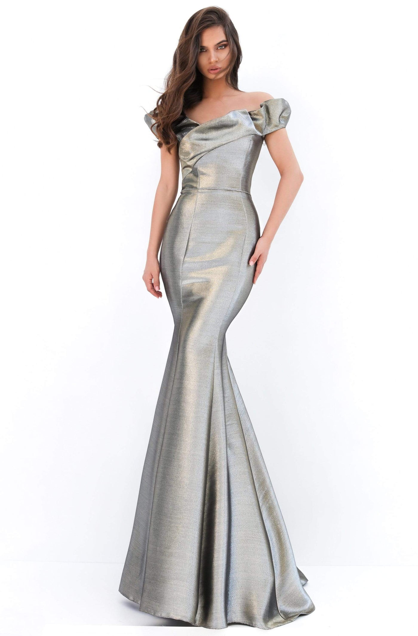 Tarik Ediz - 93933 Puffed Cap Sleeve Metallic Long Mermaid Gown Prom Dresses 0 / Gold