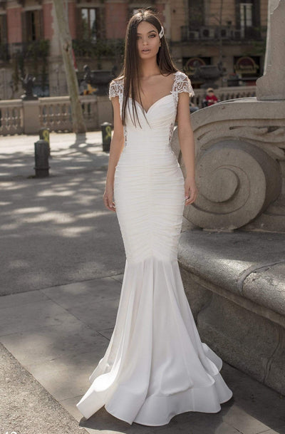 Tarik Ediz - 93942 Ruched V-Neck Mermaid Gown Wedding Dresses 0 / Ivory