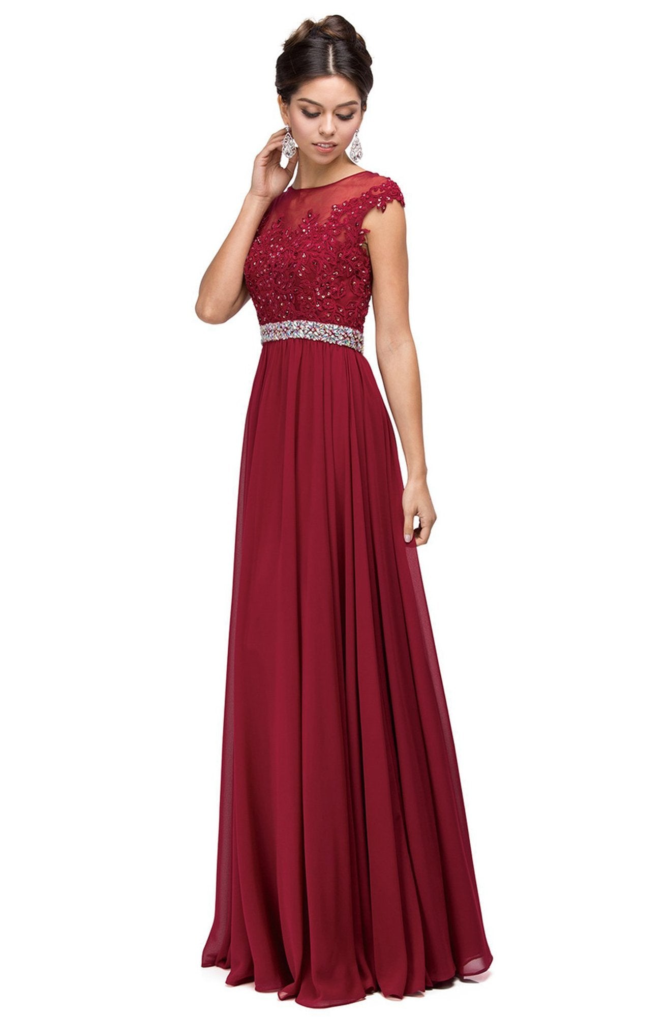 Dancing Queen - Cap Sleeve Illusion Beaded Belt A-Line Dress 9400 In Red