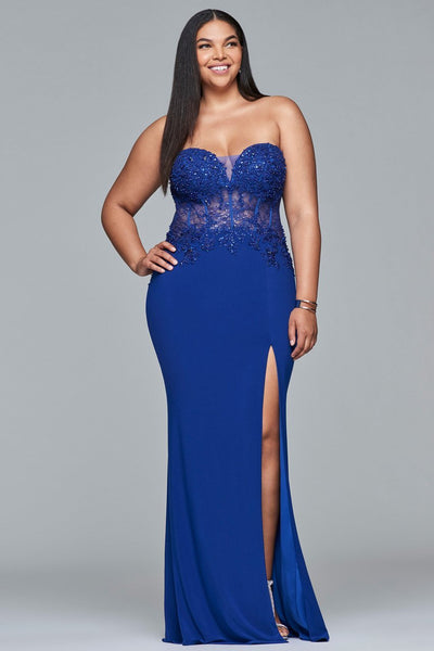 Faviana - Long jersey evening dress with sequin bodice 9412 in Blue