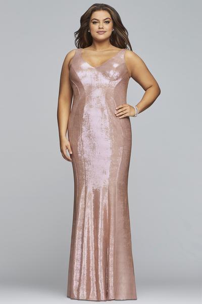 Faviana - Sleeveless Metallic Jersey V-neck Sheath Dress 9453 In Pink