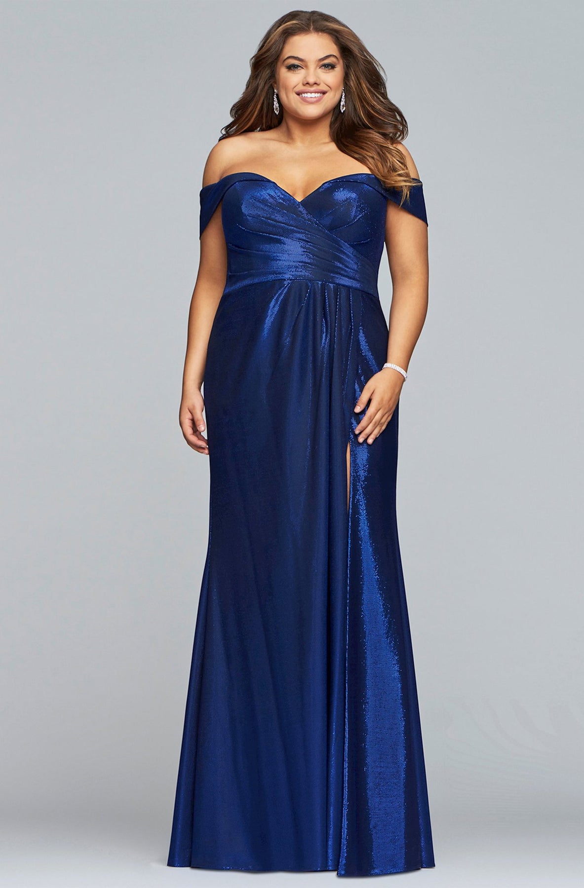 Faviana - 9457 High Slit Metallic Stretch Off-Shoulder Gown In Blue