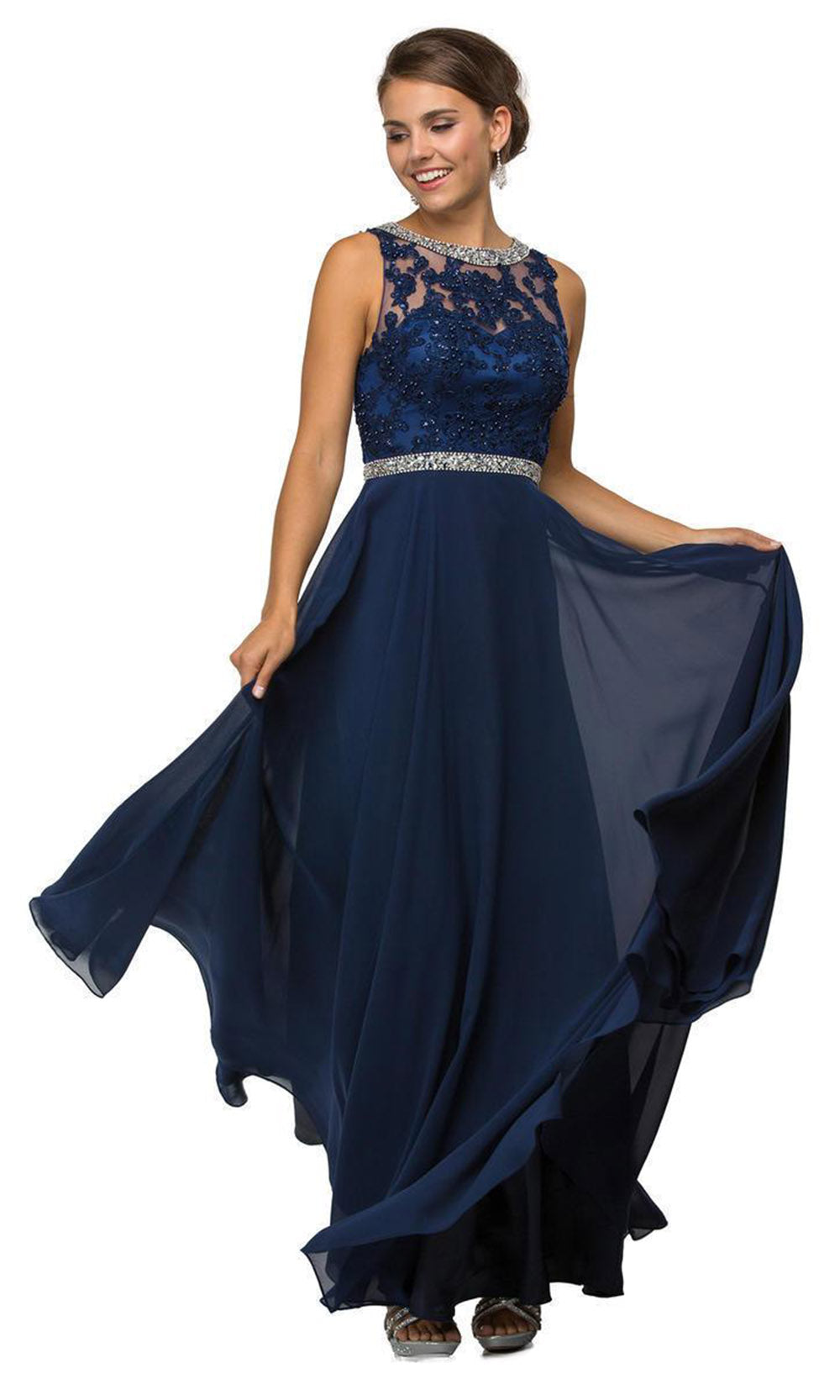 Dancing Queen - 9458SC Embellished Illusion Bateau Long Gown In Blue