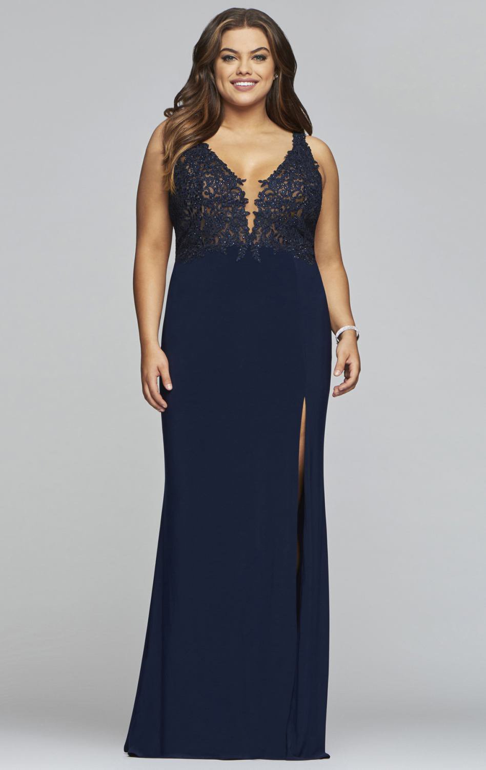 Faviana - Lace Applique V-Neck Jersey Sheath Dress 9463 in Blue