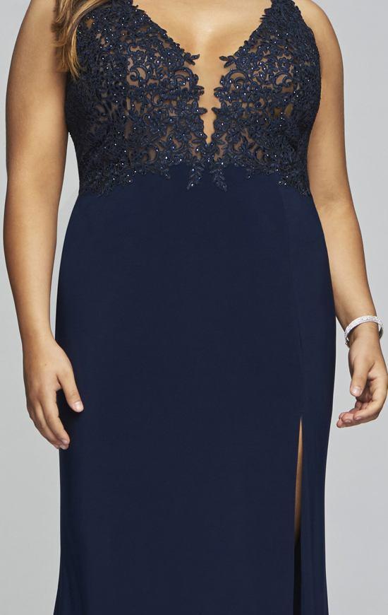 Faviana - Lace Applique V-Neck Jersey Sheath Dress 9463 in Blue