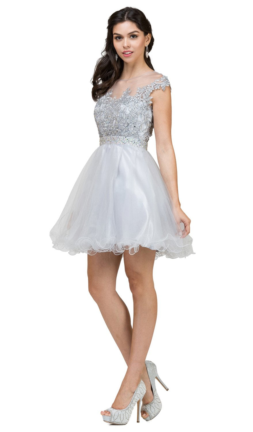Dancing Queen - 9489 Lace Applique A-line Cocktail Dress In Silver