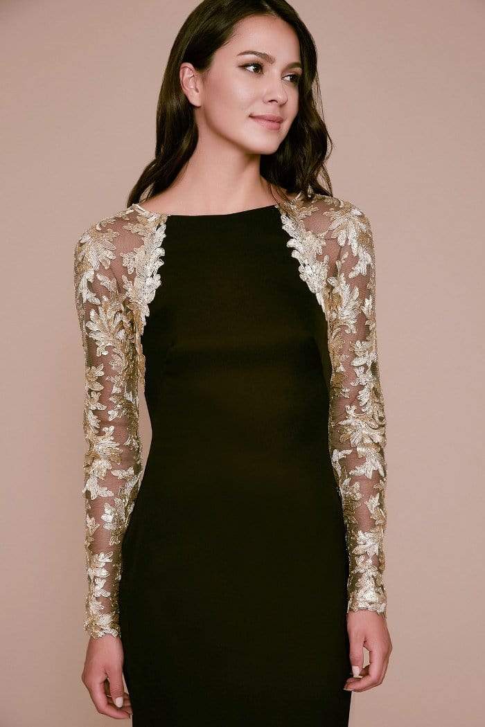 Tadashi Shoji - Sheer Lace Long Sleeve Long Crepe Gown In Black and Gold