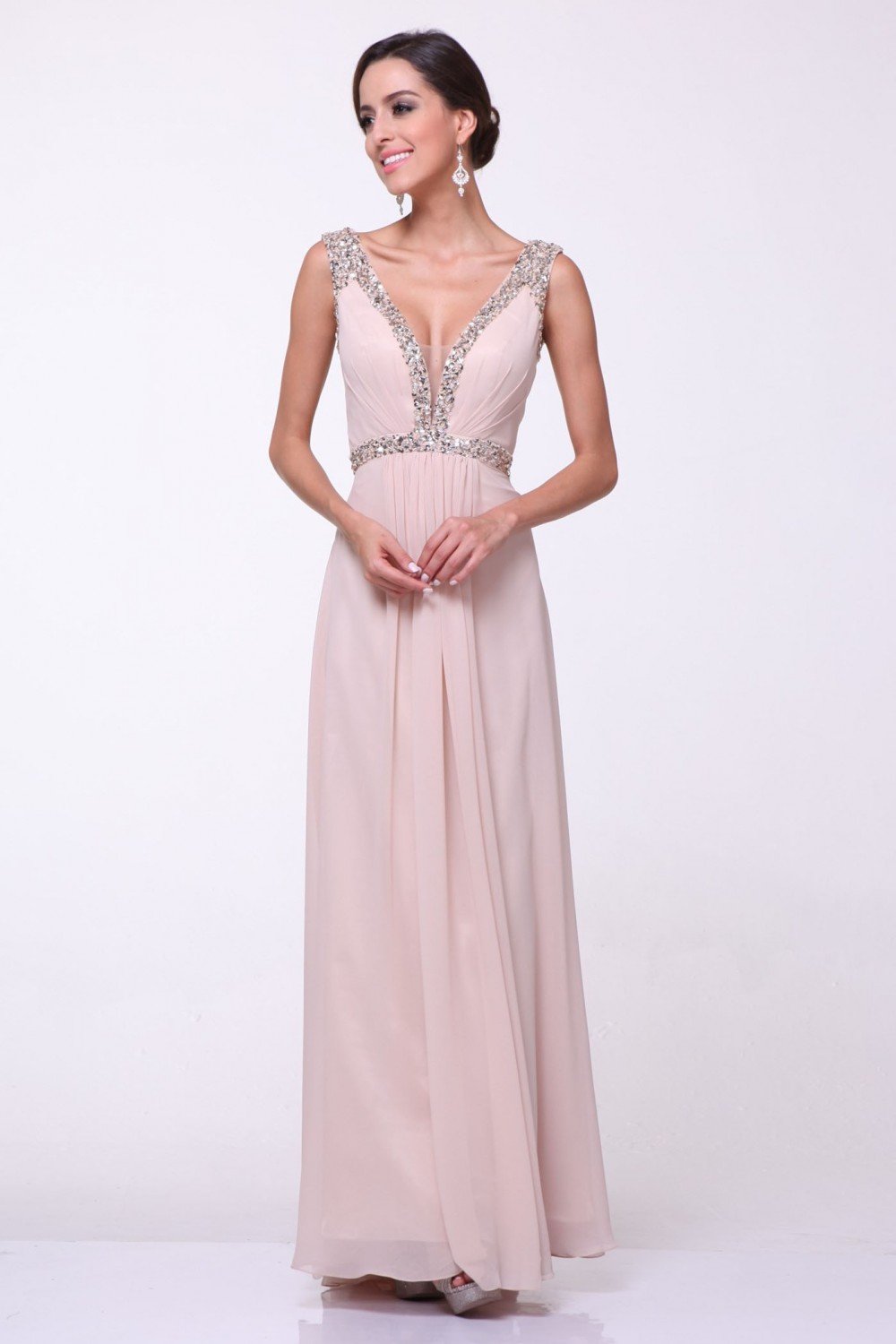 Cinderella Divine - 958 Sparkly Beaded Sleeveless V Neck Chiffon Gown In Neutral