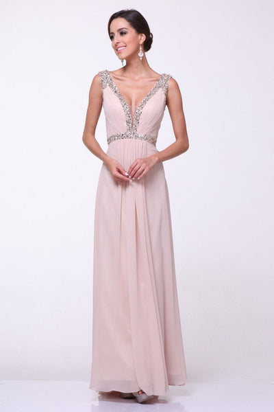 Cinderella Divine - 958 Sparkly Beaded Sleeveless V Neck Chiffon Gown In Neutral