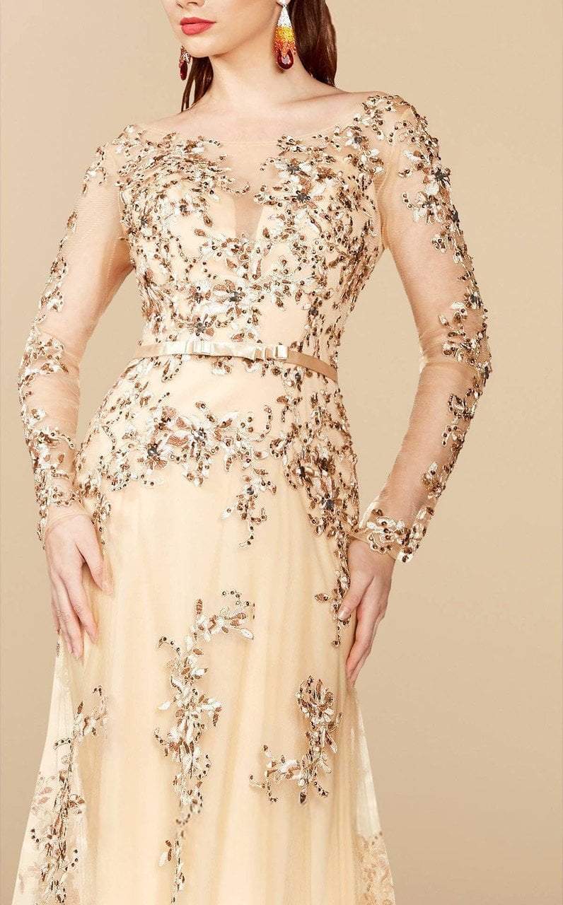 MNM Couture - 9621 Illusion Bateau Neck A-Line Dress in Gold