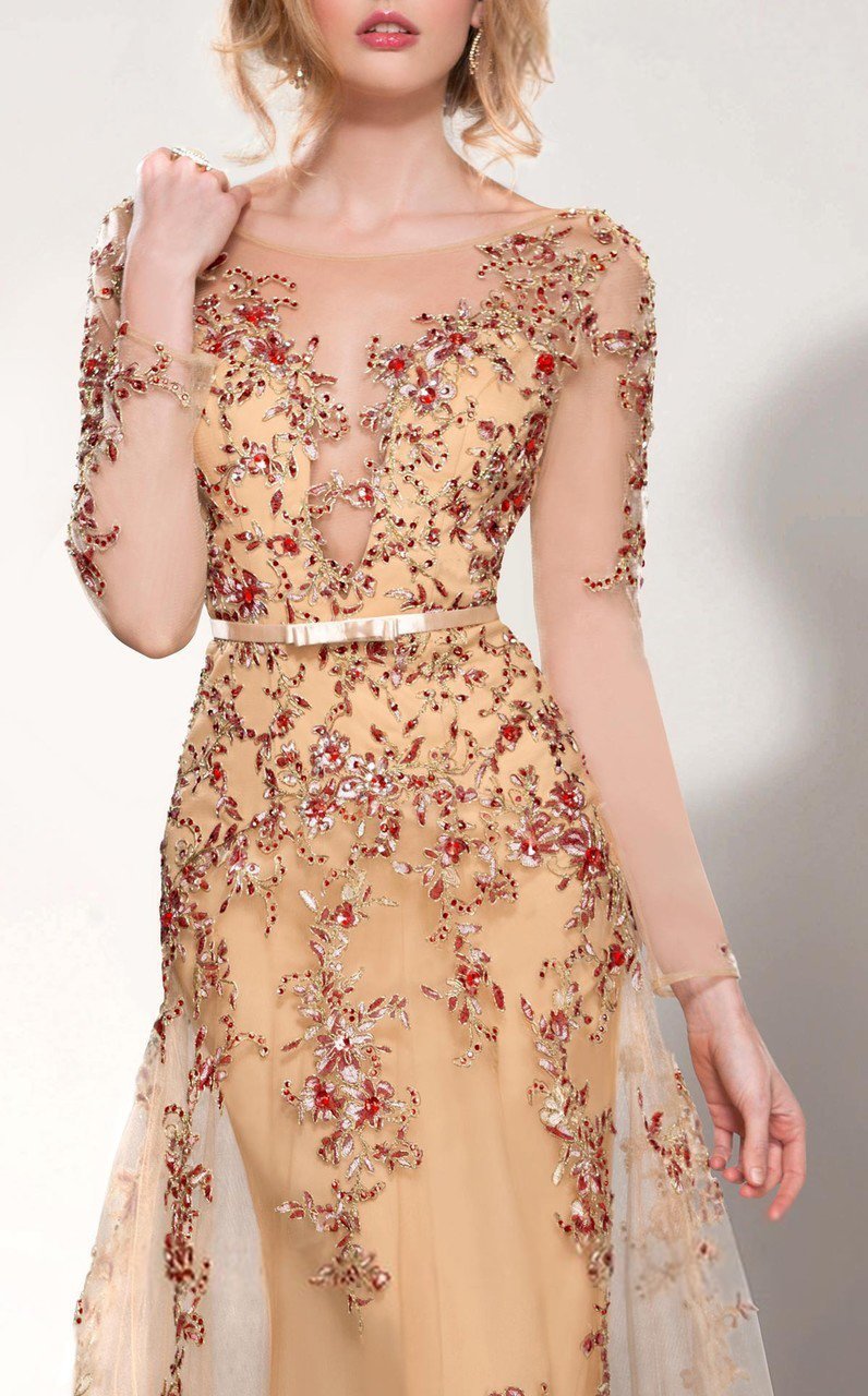 MNM Couture - 9621 Illusion Bateau Neck A-Line Dress in Red