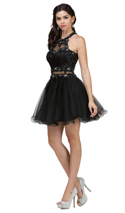 Dancing Queen - 9631 Appliqued Illusion High Neck Two-Piece Cocktail Dress In Black