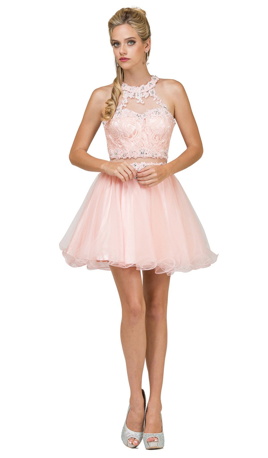 Dancing Queen - 9631 Appliqued Illusion High Neck Two-Piece Cocktail Dress In Pink