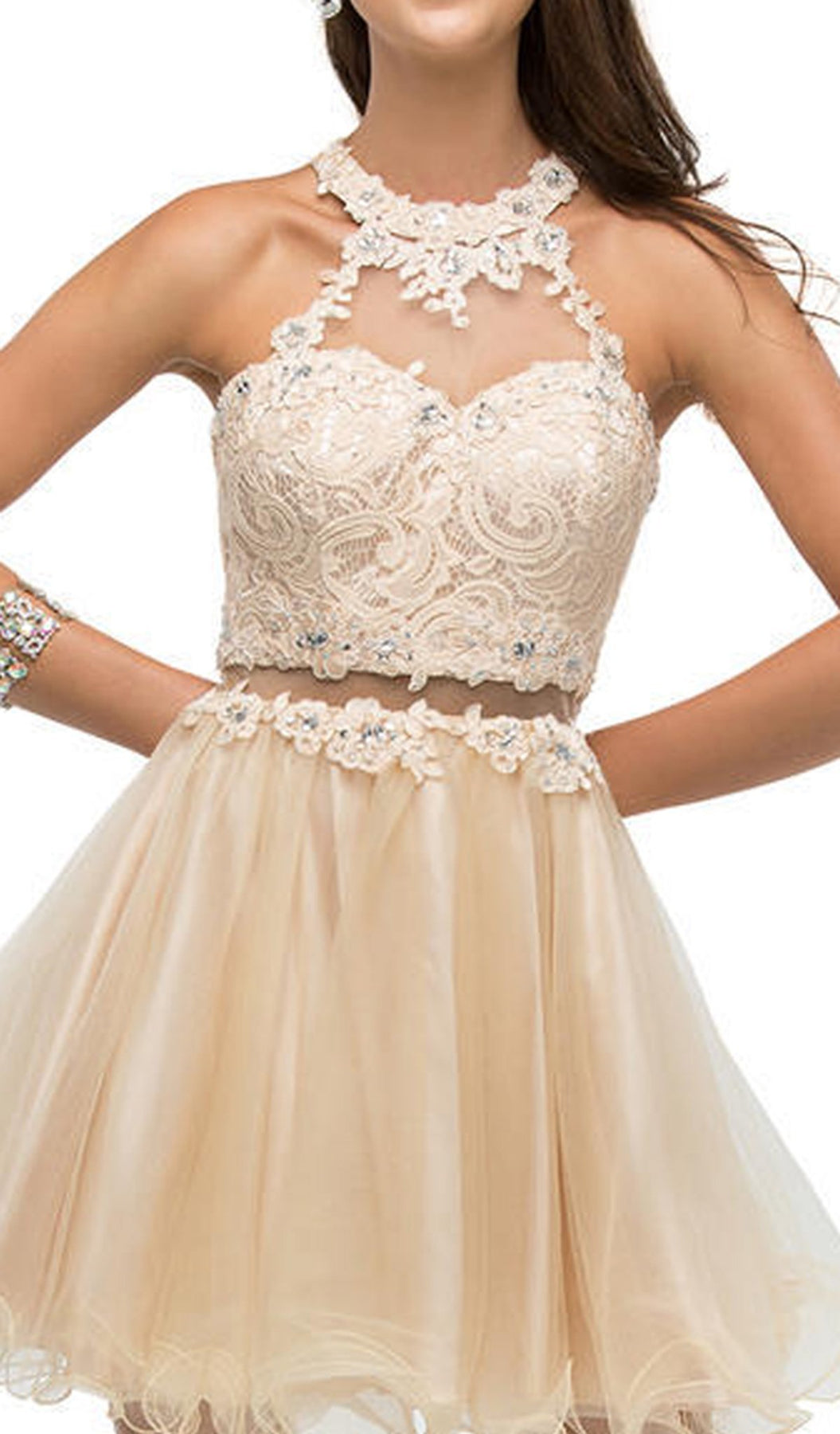 Dancing Queen - 9631 Appliqued Illusion High Neck Two-Piece Cocktail Dress In Nude