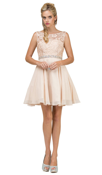 Dancing Queen - 9659 Illusion Lace Bodice Cocktail Dress in Nude