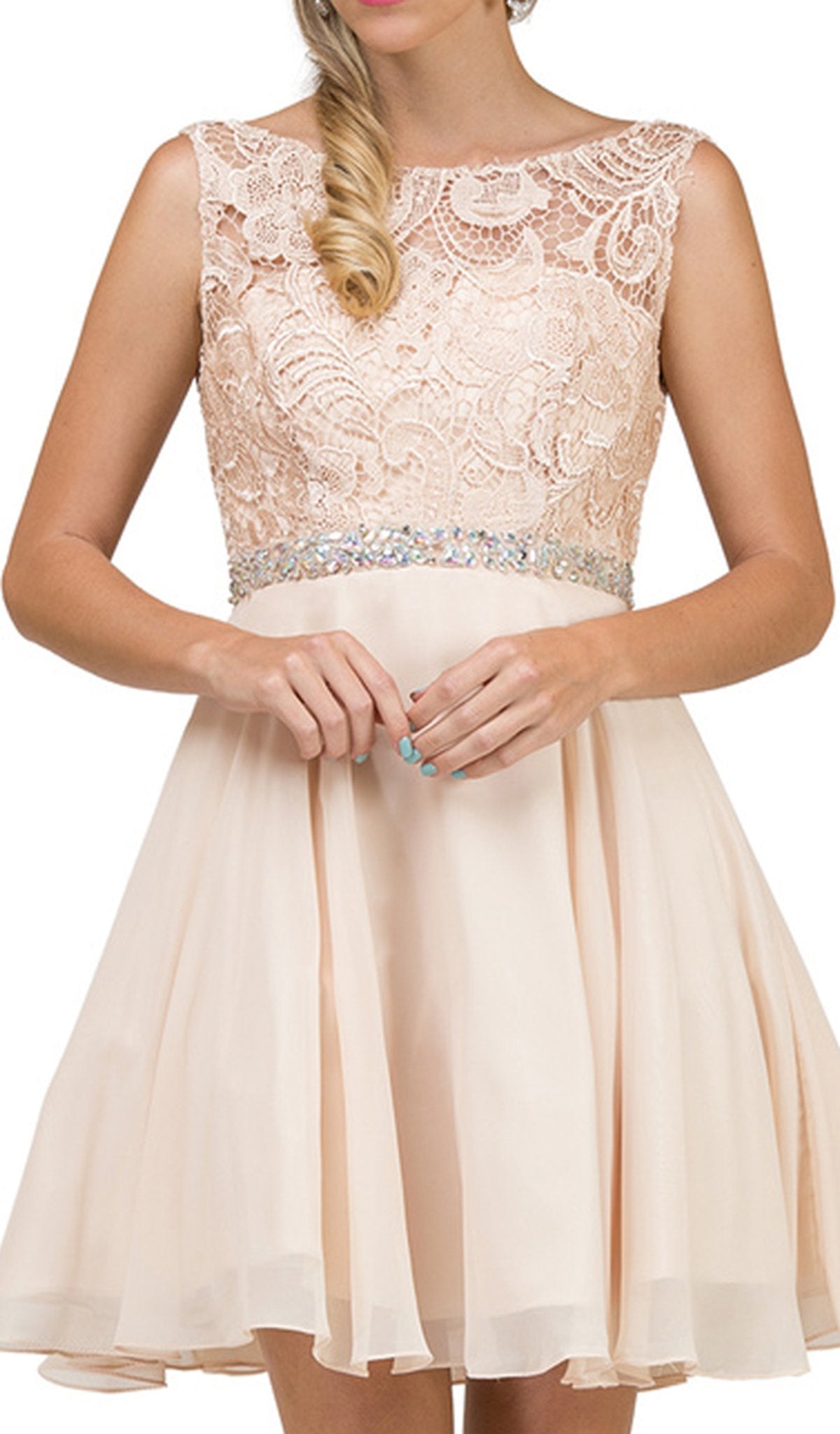 Dancing Queen - 9659 Illusion Lace Bodice Cocktail Dress in Nude