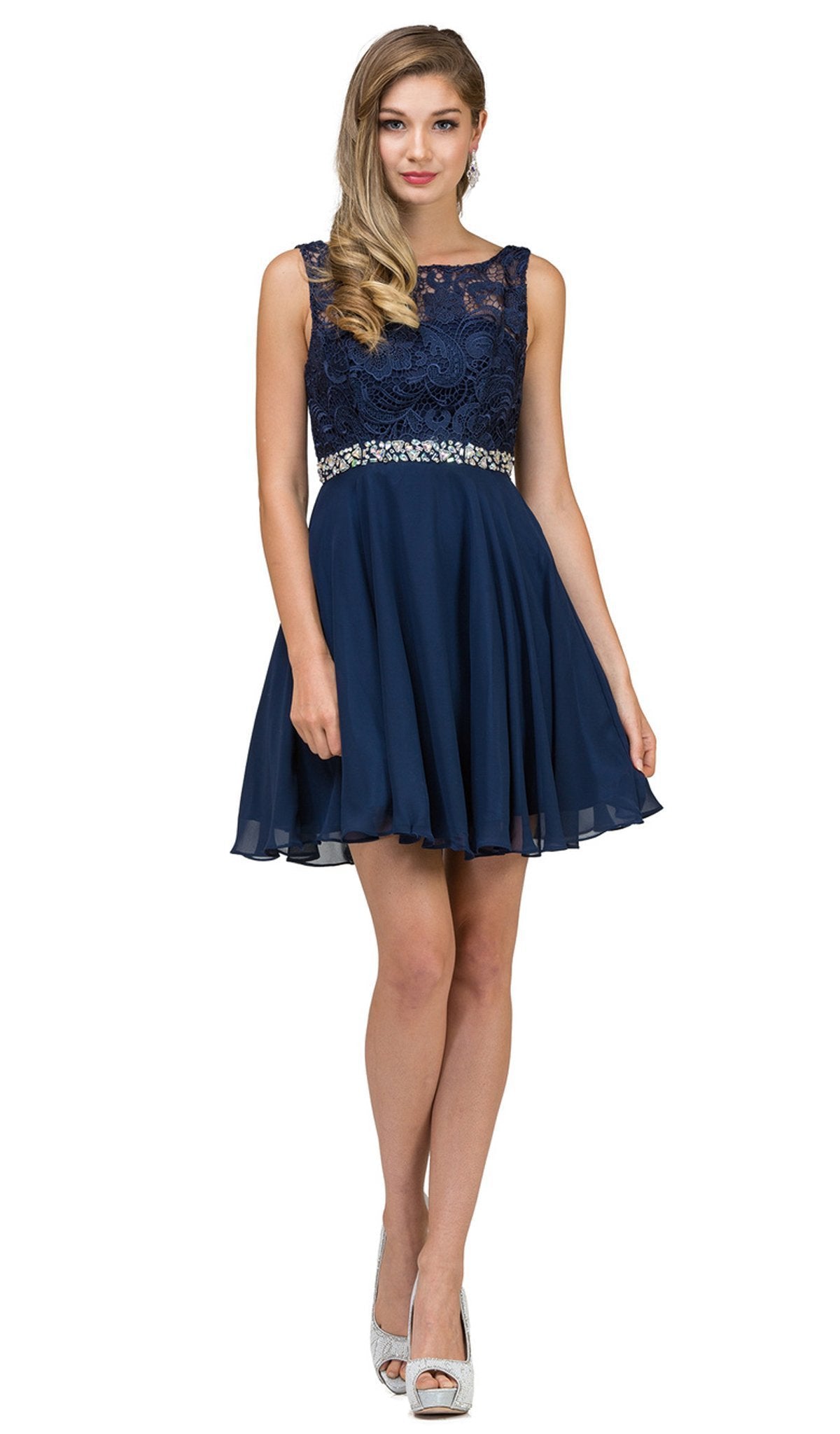 Dancing Queen - 9659 Illusion Lace Bodice Cocktail Dress in Navy Blue