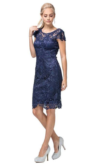 Dancing Queen - 9677 Lace Embroidered Scoop Neck Fitted Dress In Blue