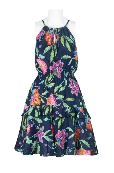 Taylor - 9682M Floral Print Tie Keyhole Front Dress In Blue and Floral