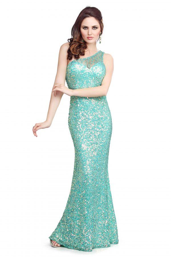 Primavera Couture - 9703 Sequin Studded One-Shoulder Gown in Green