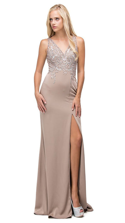 Dancing Queen - 9704 V-Neck Beaded Bodice Illusion Back Long Prom Dress in Tan