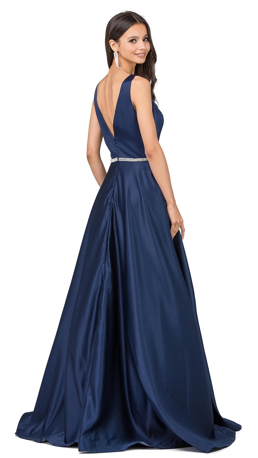 Dancing Queen Bridal - 9754SC Long Bejeweled Waist Satin A-line Gown