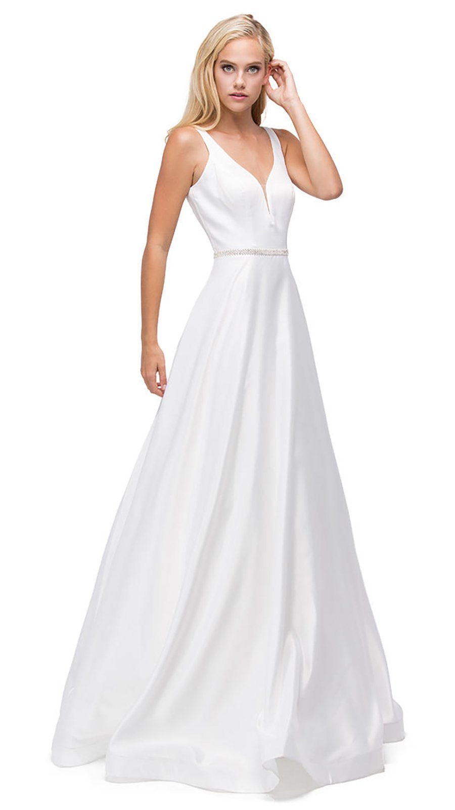 Dancing Queen Bridal - 9754SC Long Bejeweled Waist Satin A-line Gown